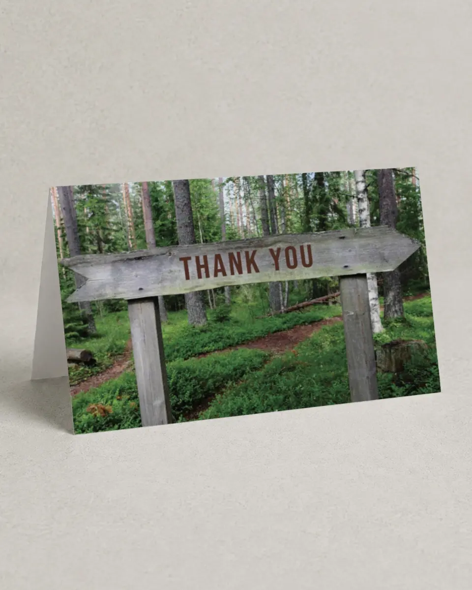 This is a 4" x 6" Folded Thank You Card called Wooden Sign printed in full color on Premium Smooth paper