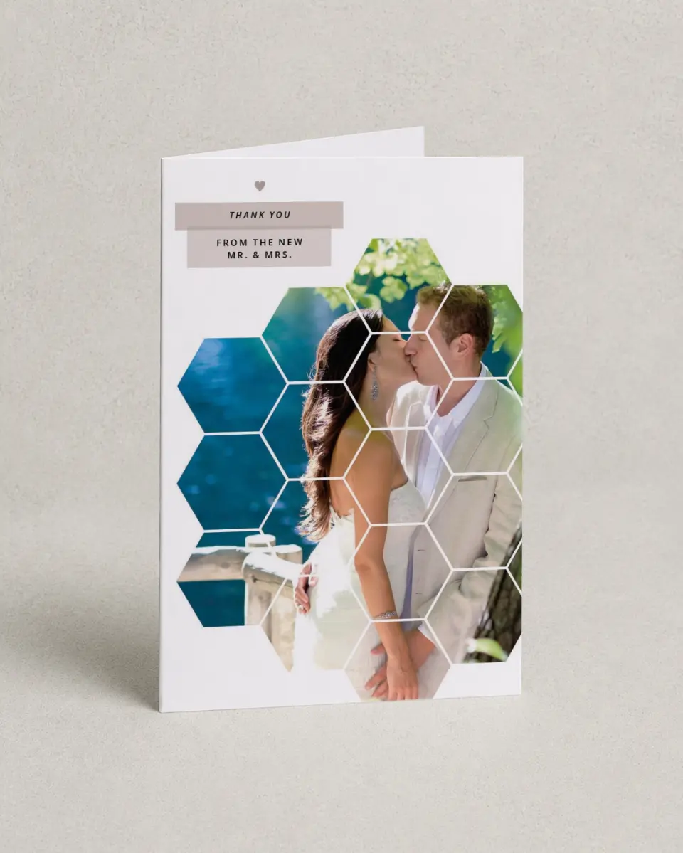 This is a 4" x 6" Folded Thank You Card called Honeycomb Sweetness printed in full color on Premium Smooth paper