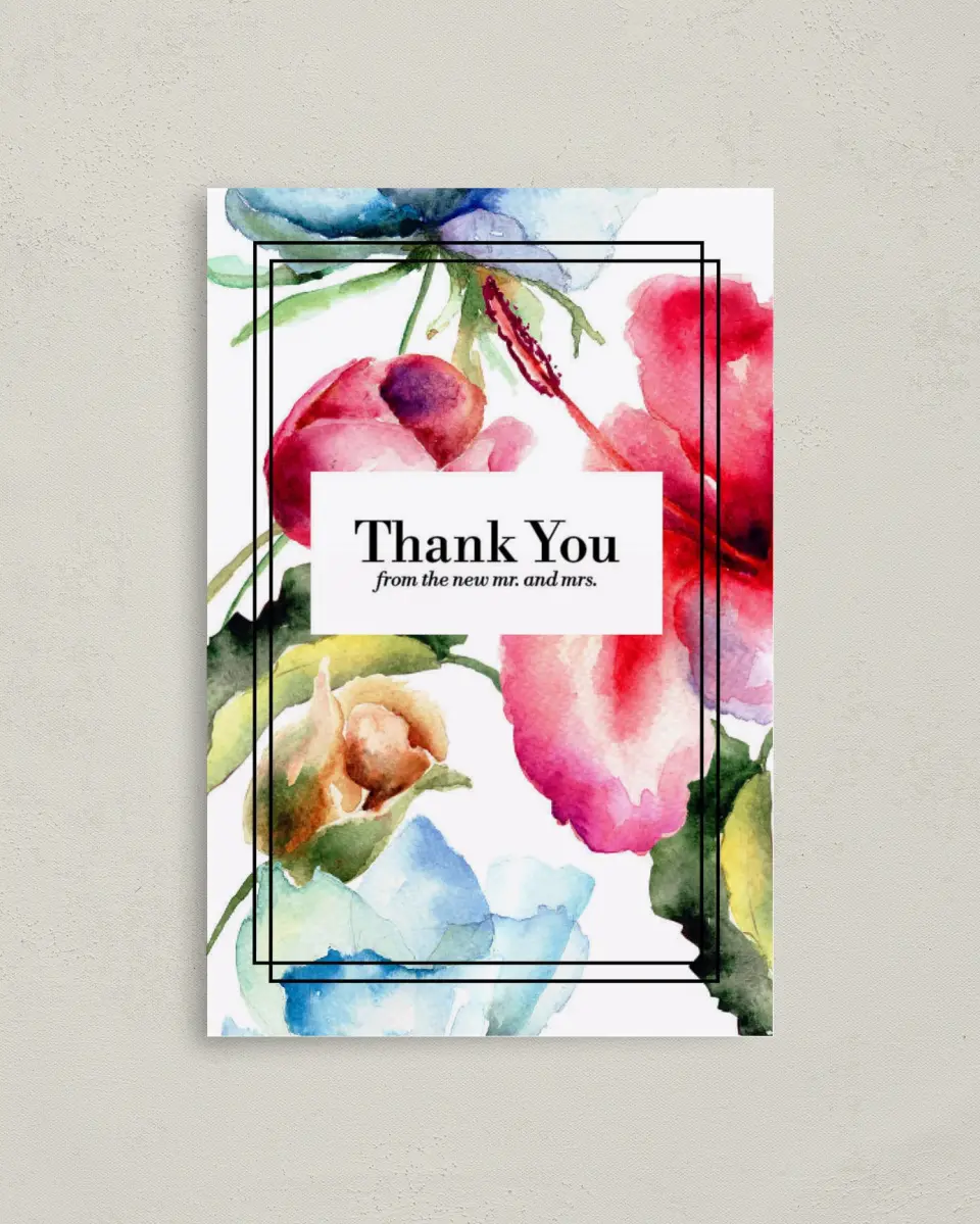 This is a 4" x 6" Folded Thank You Card called Floral Watercolor printed in full color on Premium Smooth paper