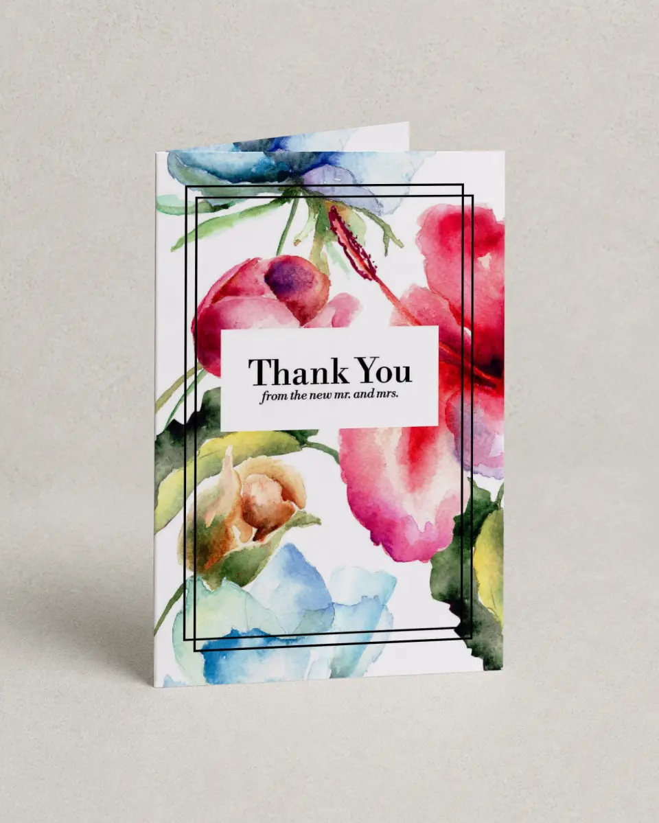 This is a 4" x 6" Folded Thank You Card called Floral Watercolor printed in full color with Silver foil on Luxe Satin (coated) paper