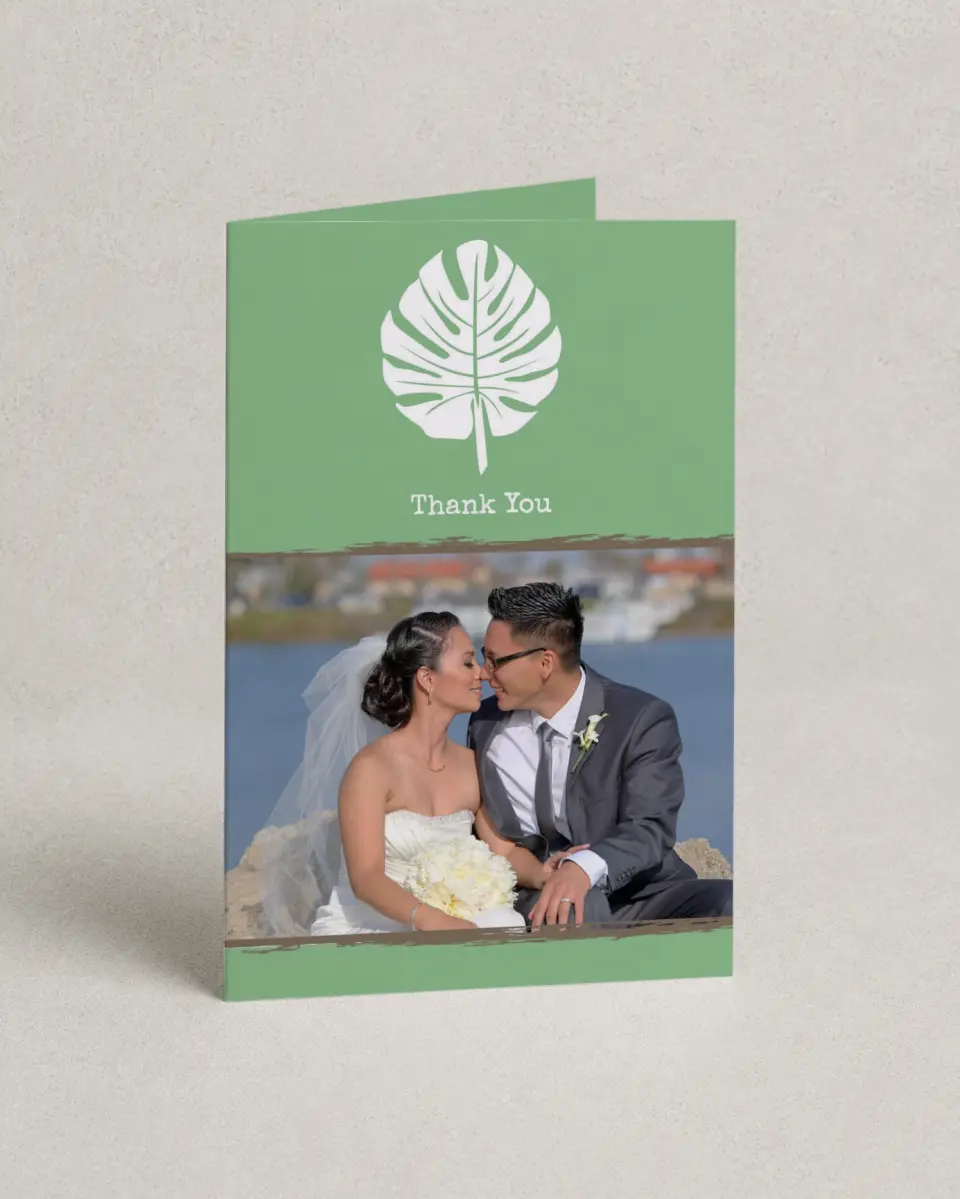 This is a 4" x 6" Folded Thank You Card called Palms in Paradise printed in full color on Premium Smooth paper