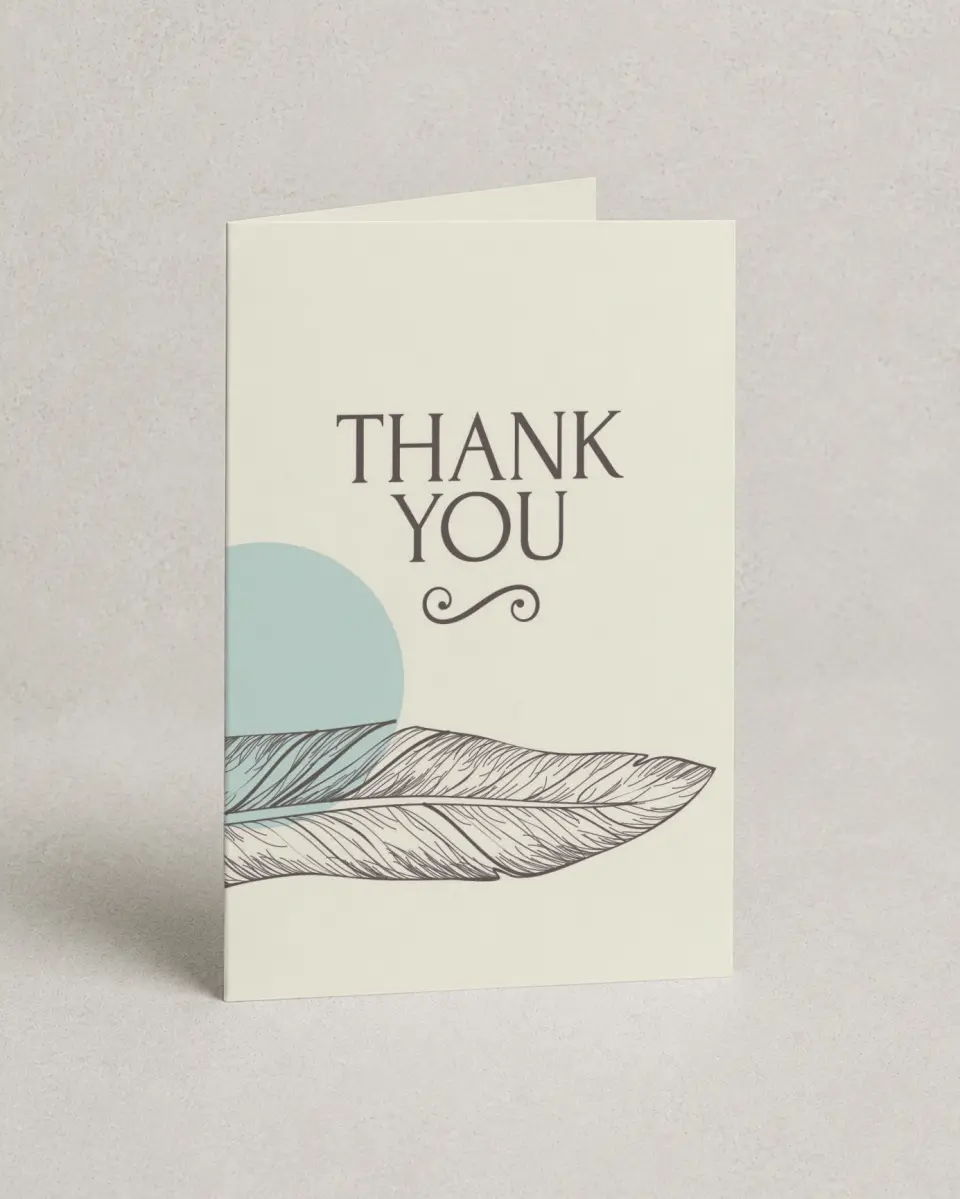 This is a 4" x 6" Folded Thank You Card called Fetching Feather printed in full color on Premium Smooth paper