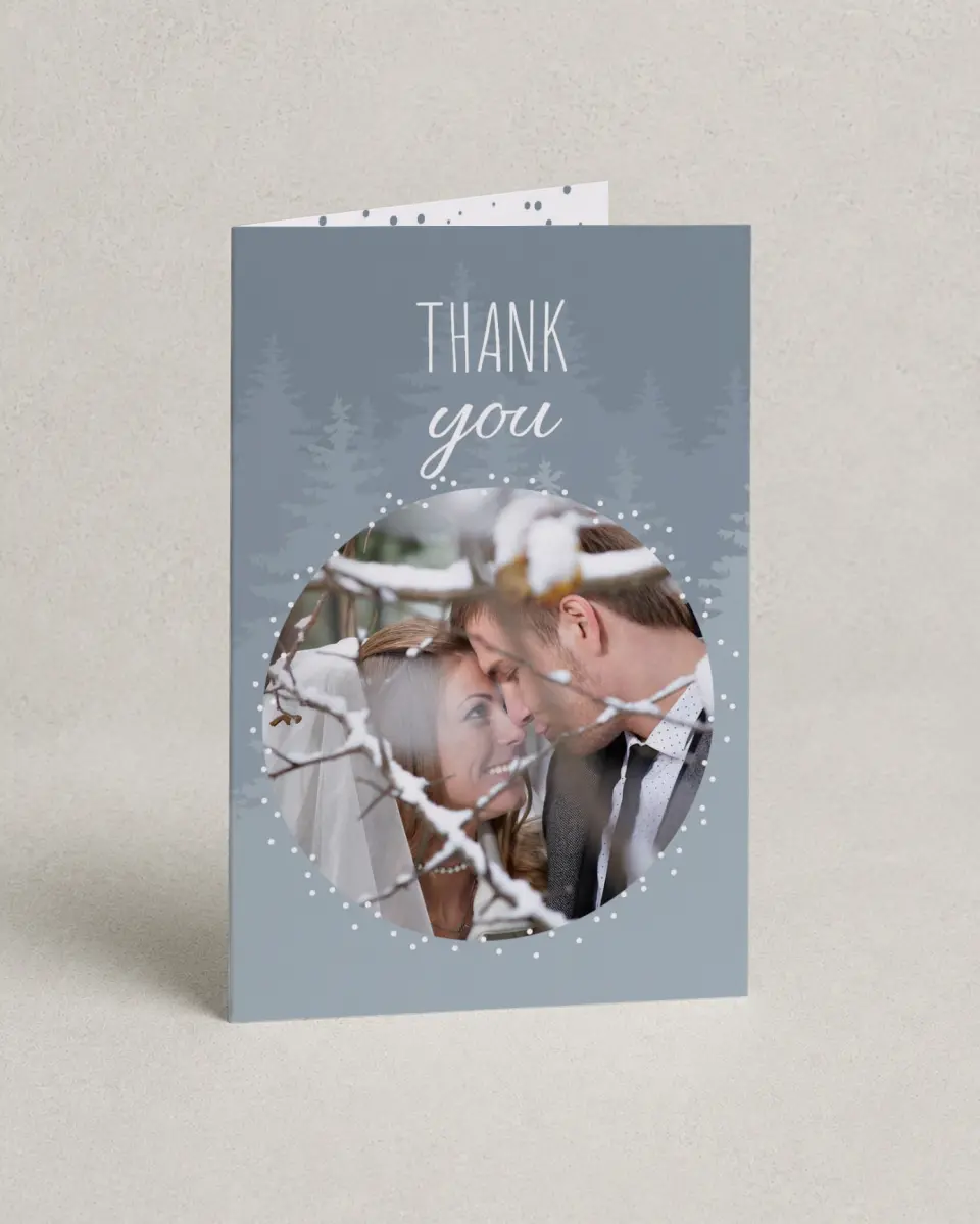 This is a 4" x 6" Folded Thank You Card called Woodland Wishes printed in full color on Premium Smooth paper