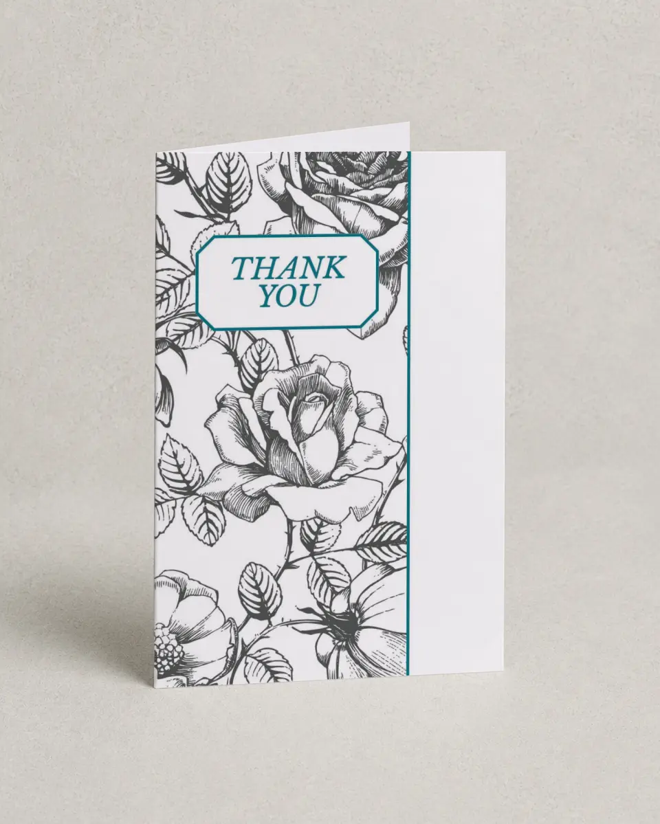 This is a 4" x 6" Folded Thank You Card called Vintage Botanicals printed in full color with Silver foil on Luxe Satin (coated) paper
