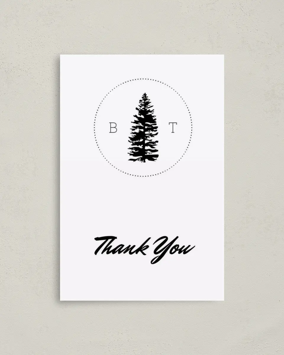 This is a 4" x 6" Folded Thank You Card called Splendid Pines printed in full color on Premium Smooth paper