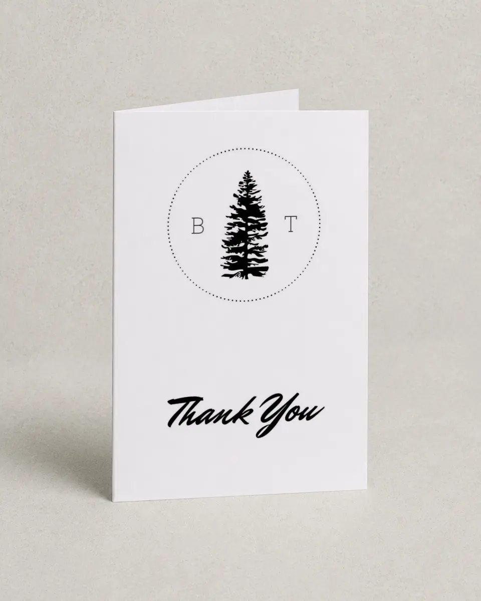 This is a 4" x 6" Folded Thank You Card called Splendid Pines printed in full color on Premium Smooth paper