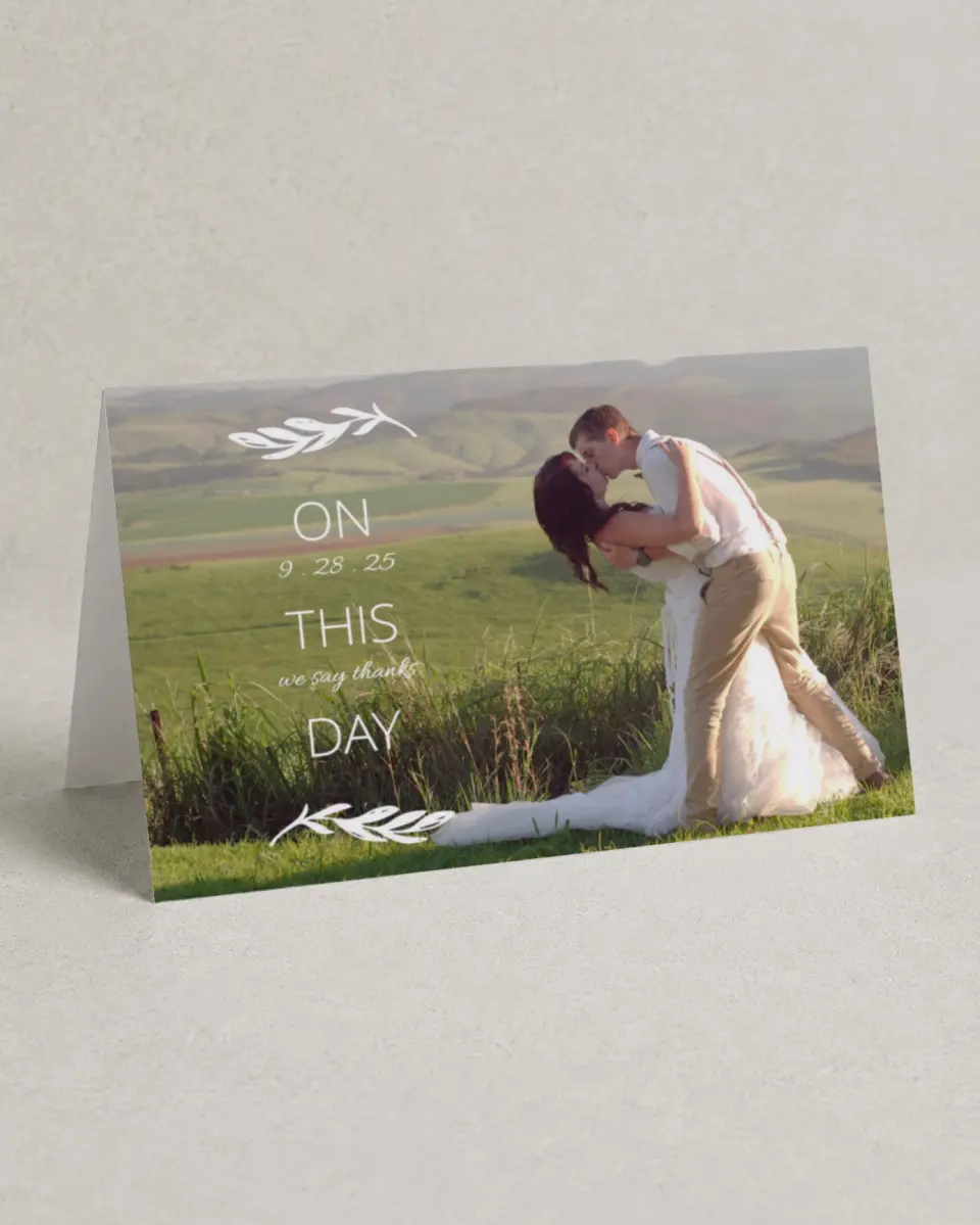 This is a 4" x 6" Folded Thank You Card called This Joyful Day printed in full color on Premium Smooth paper