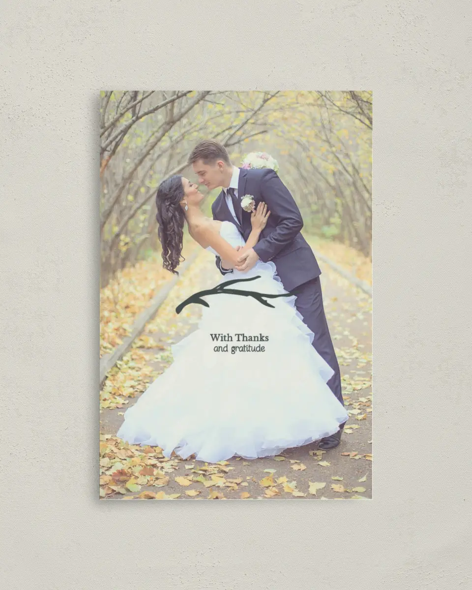 This is a 4" x 6" Folded Thank You Card called Rustic Boughs printed in full color on Premium Smooth paper