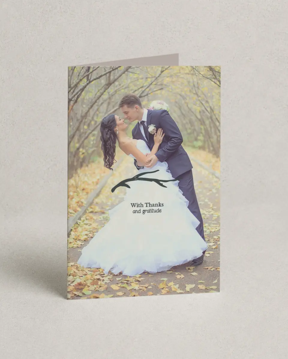 This is a 4" x 6" Folded Thank You Card called Rustic Boughs printed in full color on Premium Smooth paper