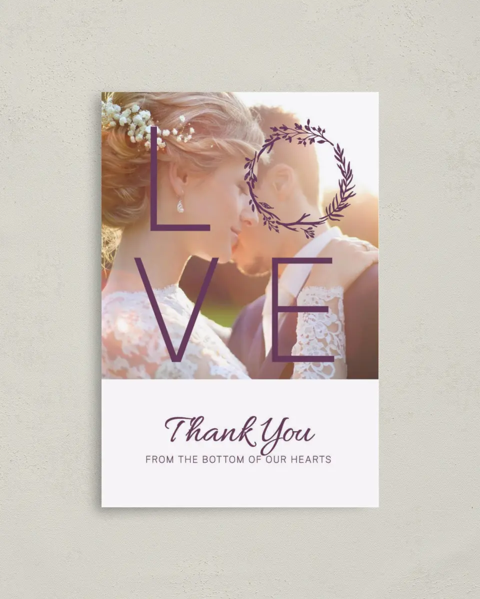 This is a 4" x 6" Folded Thank You Card called Charming Love Story printed in full color on Premium Smooth paper