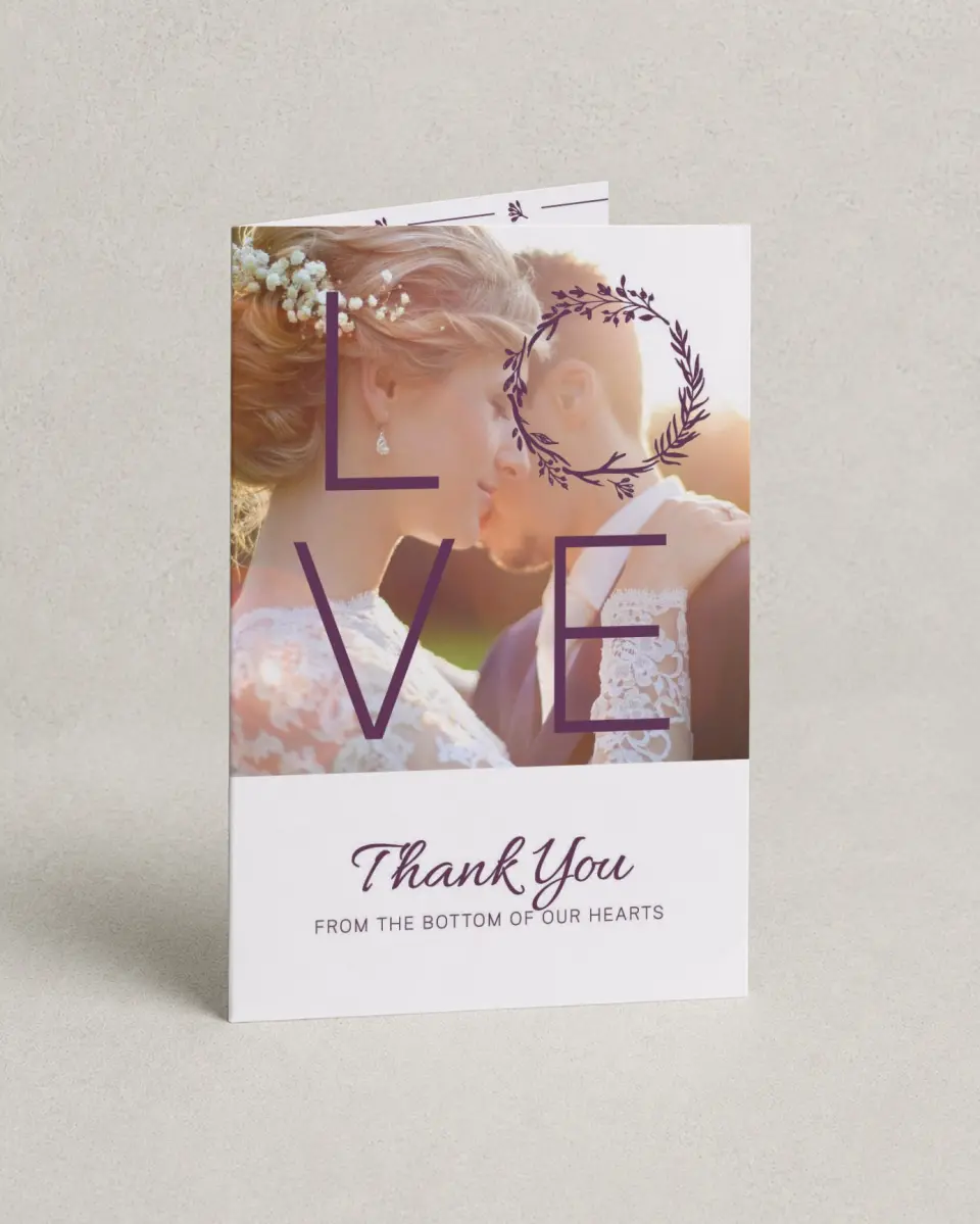 This is a 4" x 6" Folded Thank You Card called Charming Love Story printed in full color on Premium Smooth paper