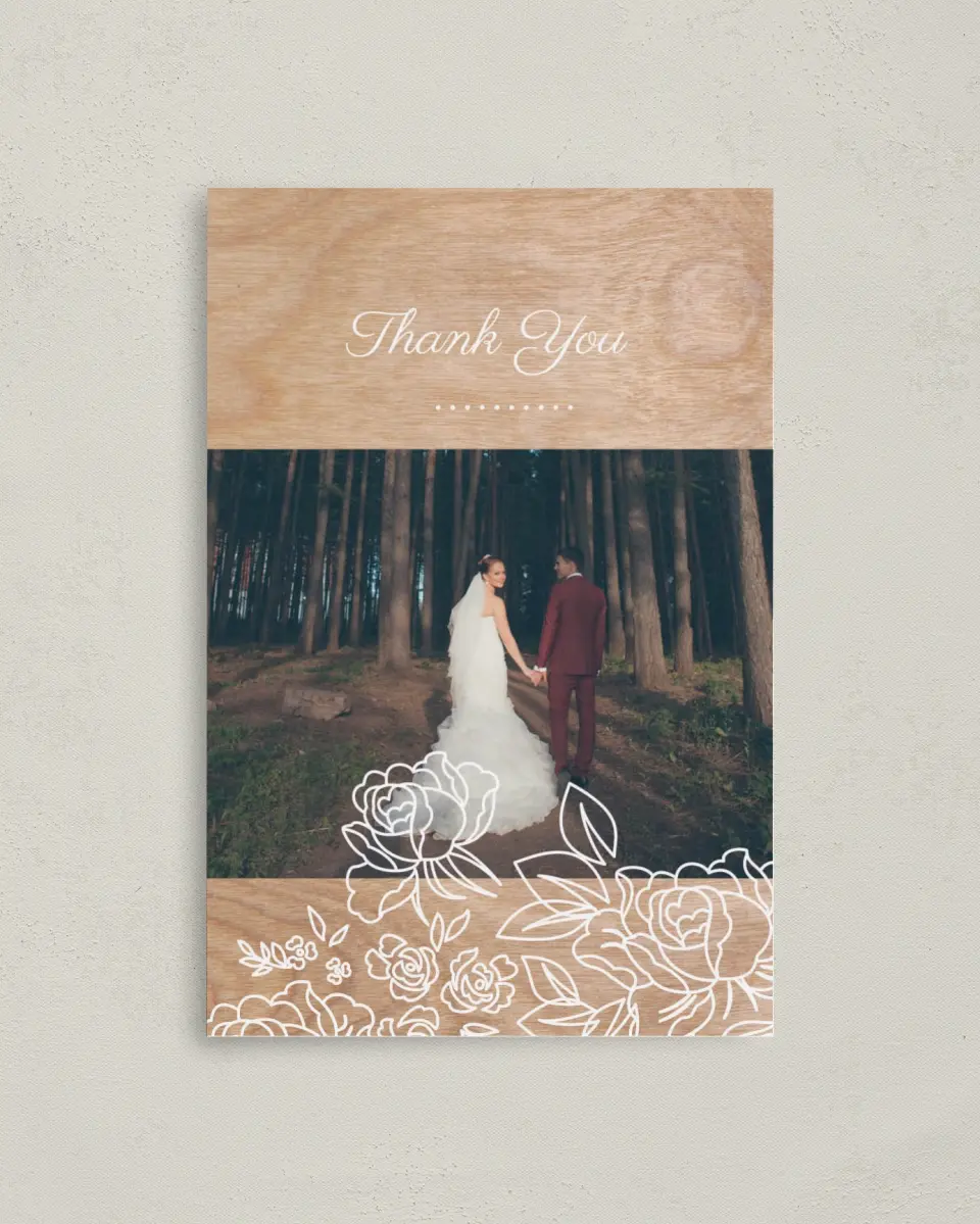 This is a 4" x 6" Folded Thank You Card called Rustic Woodgrain printed in full color on Premium Smooth paper