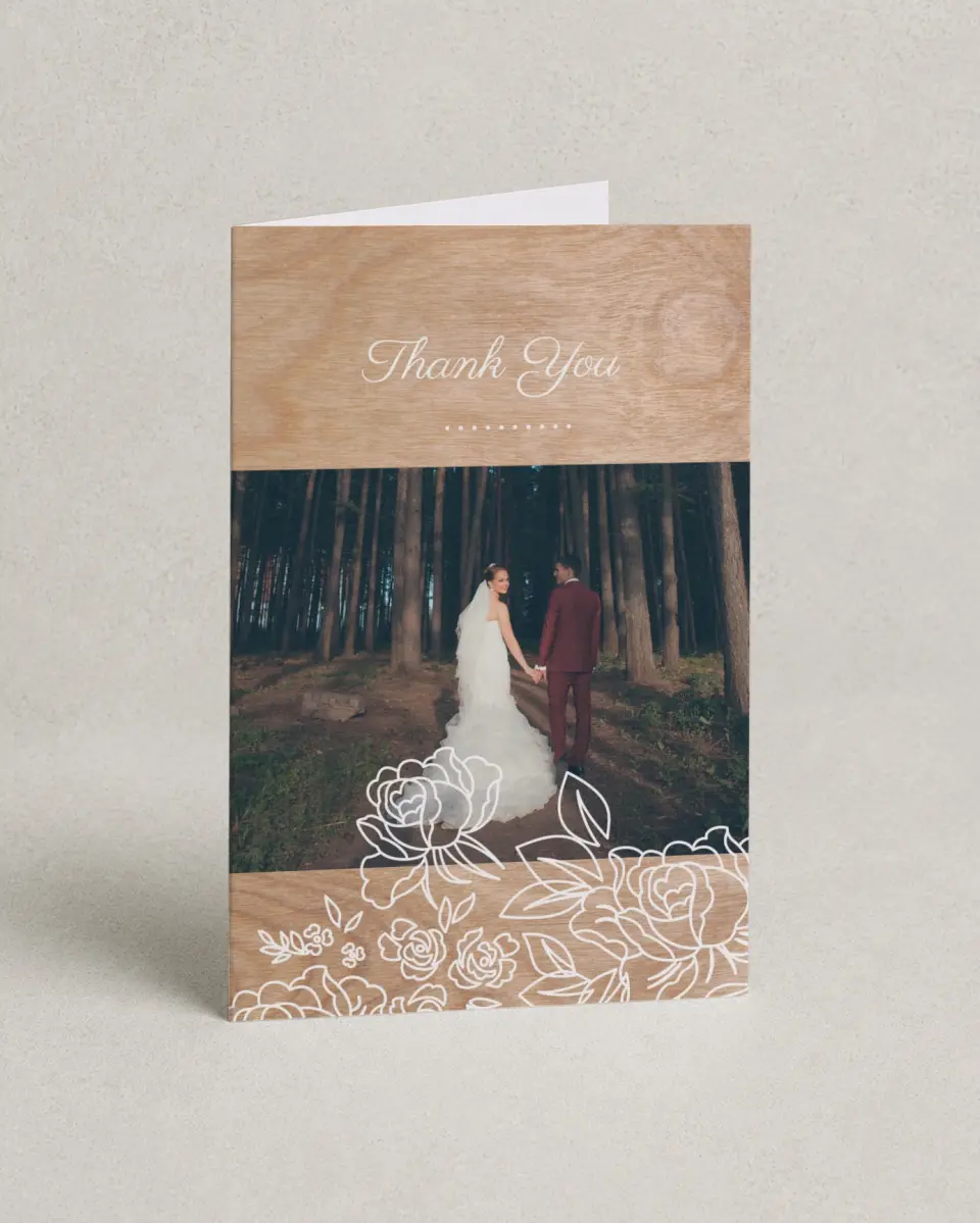 This is a 4" x 6" Folded Thank You Card called Rustic Woodgrain printed in full color on Premium Smooth paper