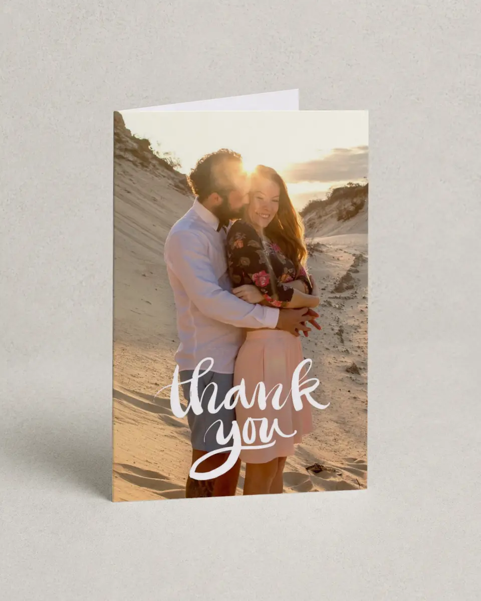 This is a 4" x 6" Folded Thank You Card called Soon to Be printed in full color on Premium Smooth paper