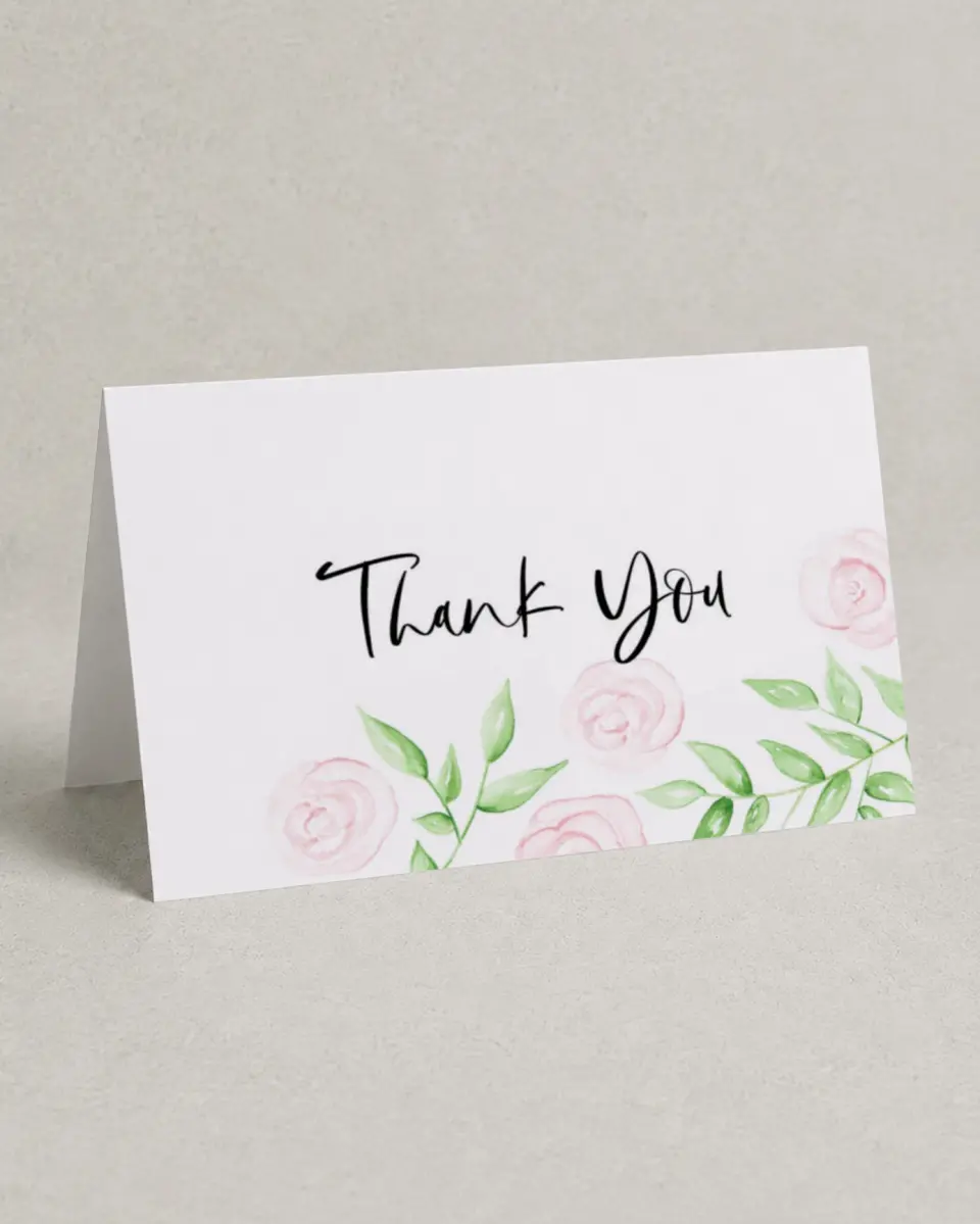 This is a 4" x 6" Folded Thank You Card called Painterly Bouquet printed in full color with Silver foil on Luxe Satin (coated) paper