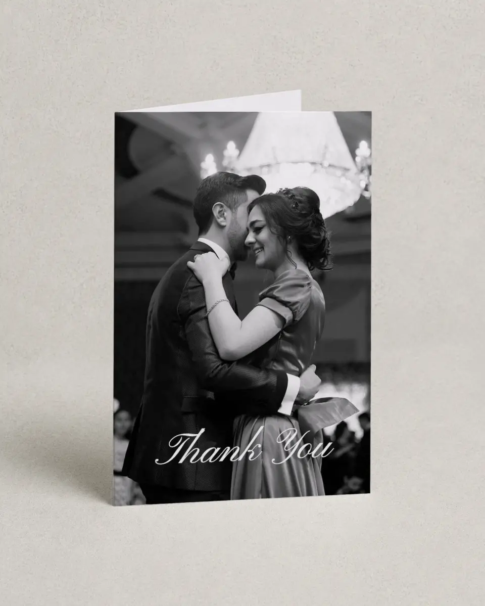 This is a 4" x 6" Folded Thank You Card called Formal Statement printed in full color with Silver foil on Luxe Satin (coated) paper
