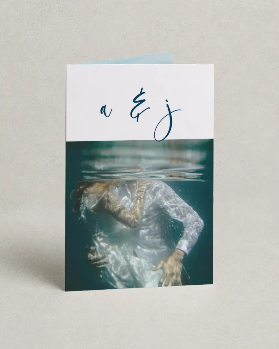 This is a 4" x 6" Folded Thank You Card called Beyond the Shore printed in full color with Silver foil on Luxe Satin (coated) paper