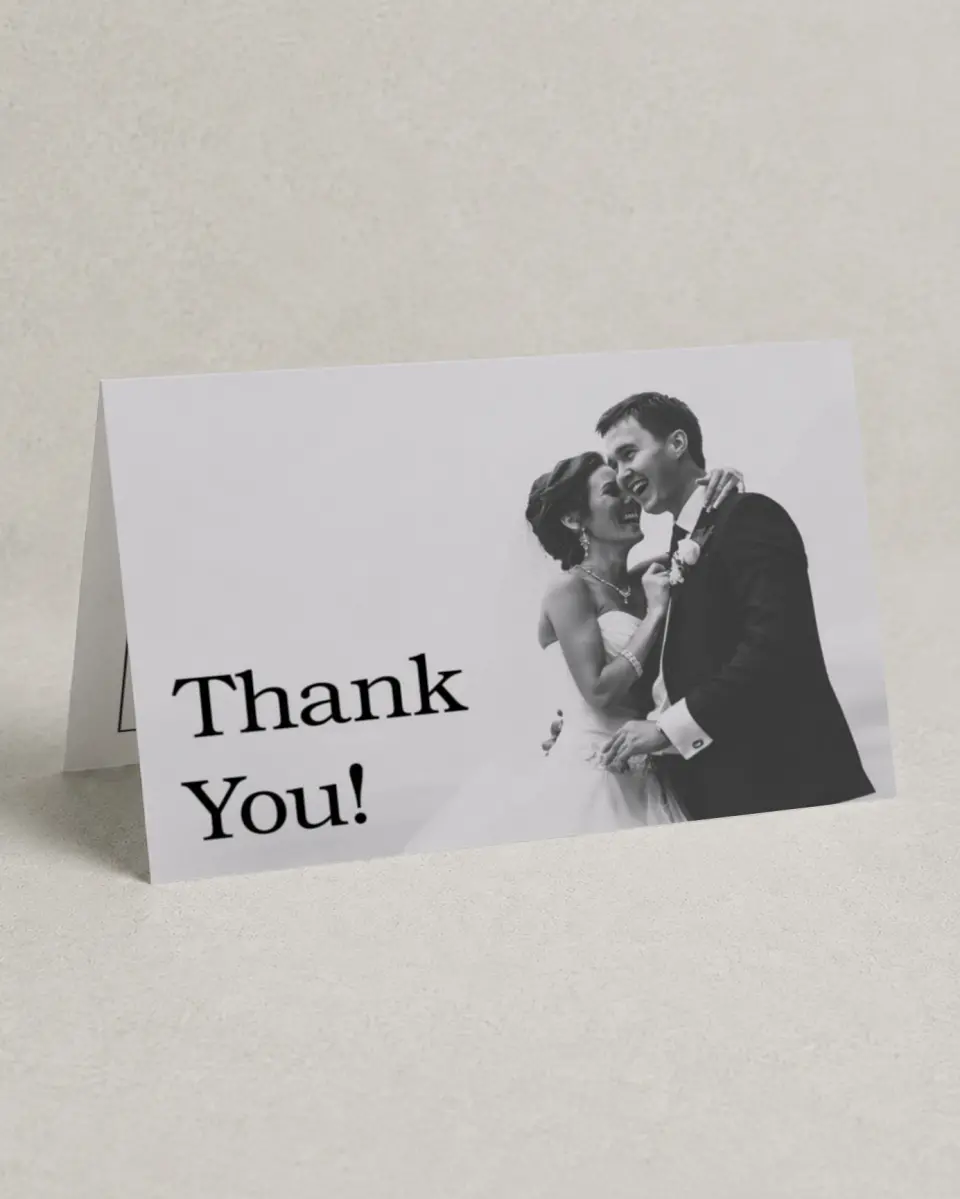 This is a 4" x 6" Folded Thank You Card called Simply Pristine printed in full color with Gold foil on Luxe Satin (coated) paper