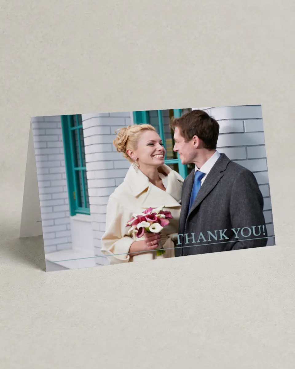 This is a 4" x 6" Folded Thank You Card called Blissful Marble printed in full color with Silver foil on Luxe Satin (coated) paper