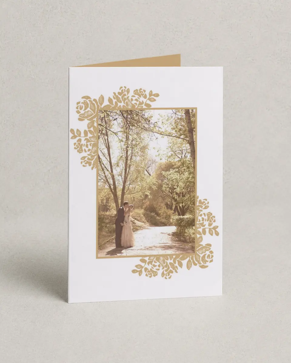 This is a 4" x 6" Folded Thank You Card called Etched Elegance printed in full color with Silver foil on Luxe Satin (coated) paper