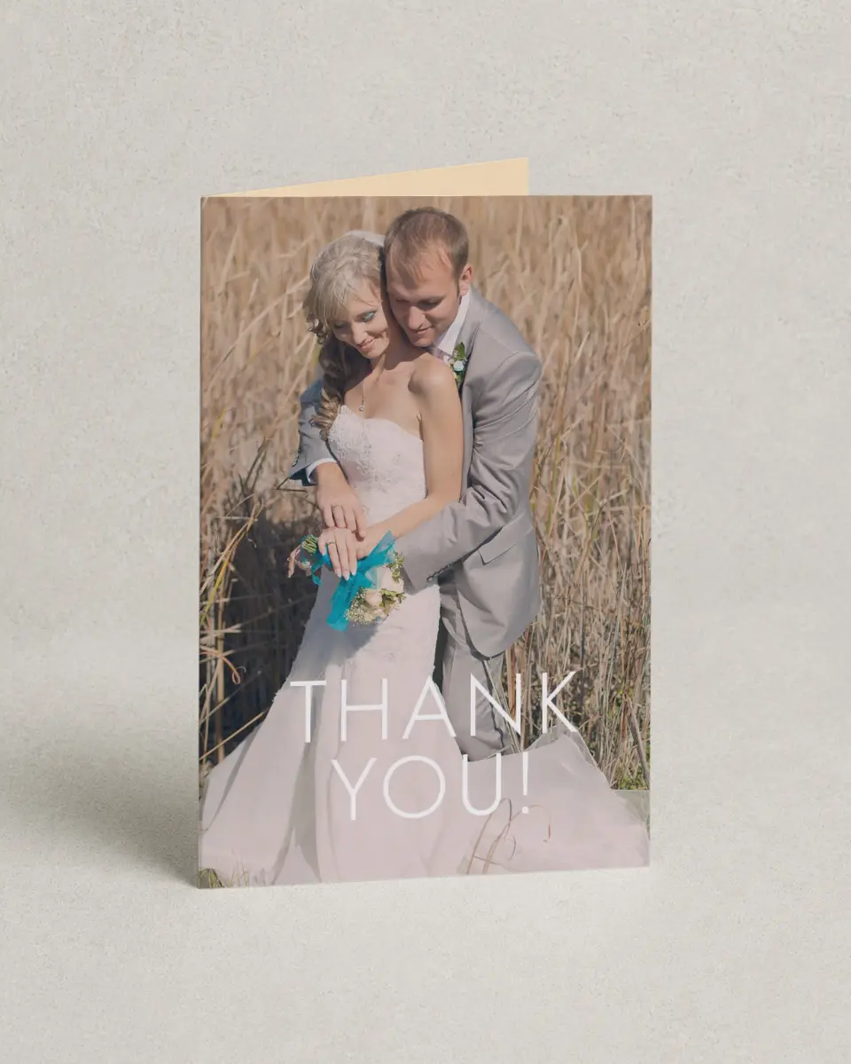 This is a 4" x 6" Folded Thank You Card called Country Florals printed in full color with Silver foil on Luxe Satin (coated) paper