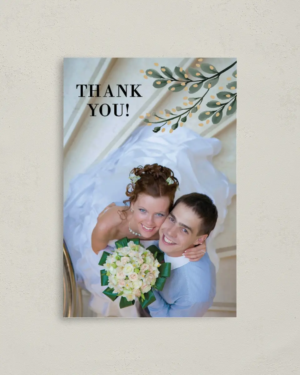 This is a 4" x 6" Folded Thank You Card called Gilded Laurels printed in full color on Premium Smooth paper