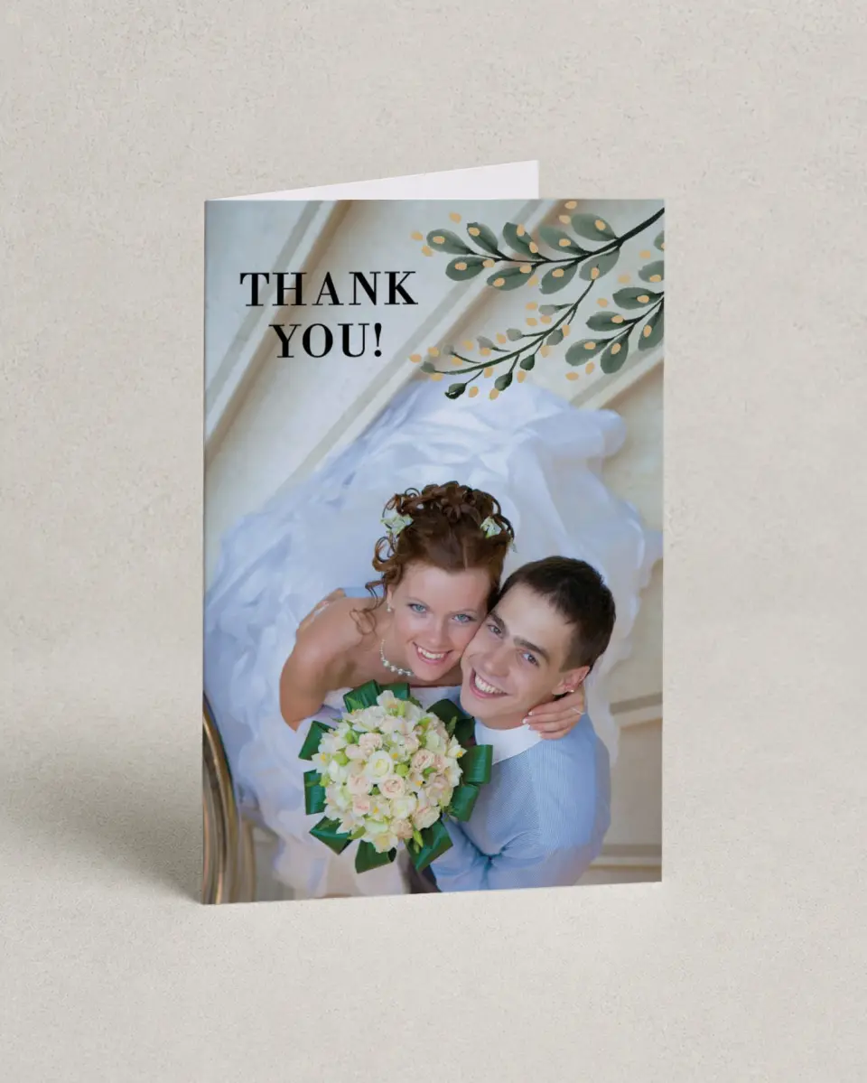 This is a 4" x 6" Folded Thank You Card called Gilded Laurels printed in full color on Premium Smooth paper
