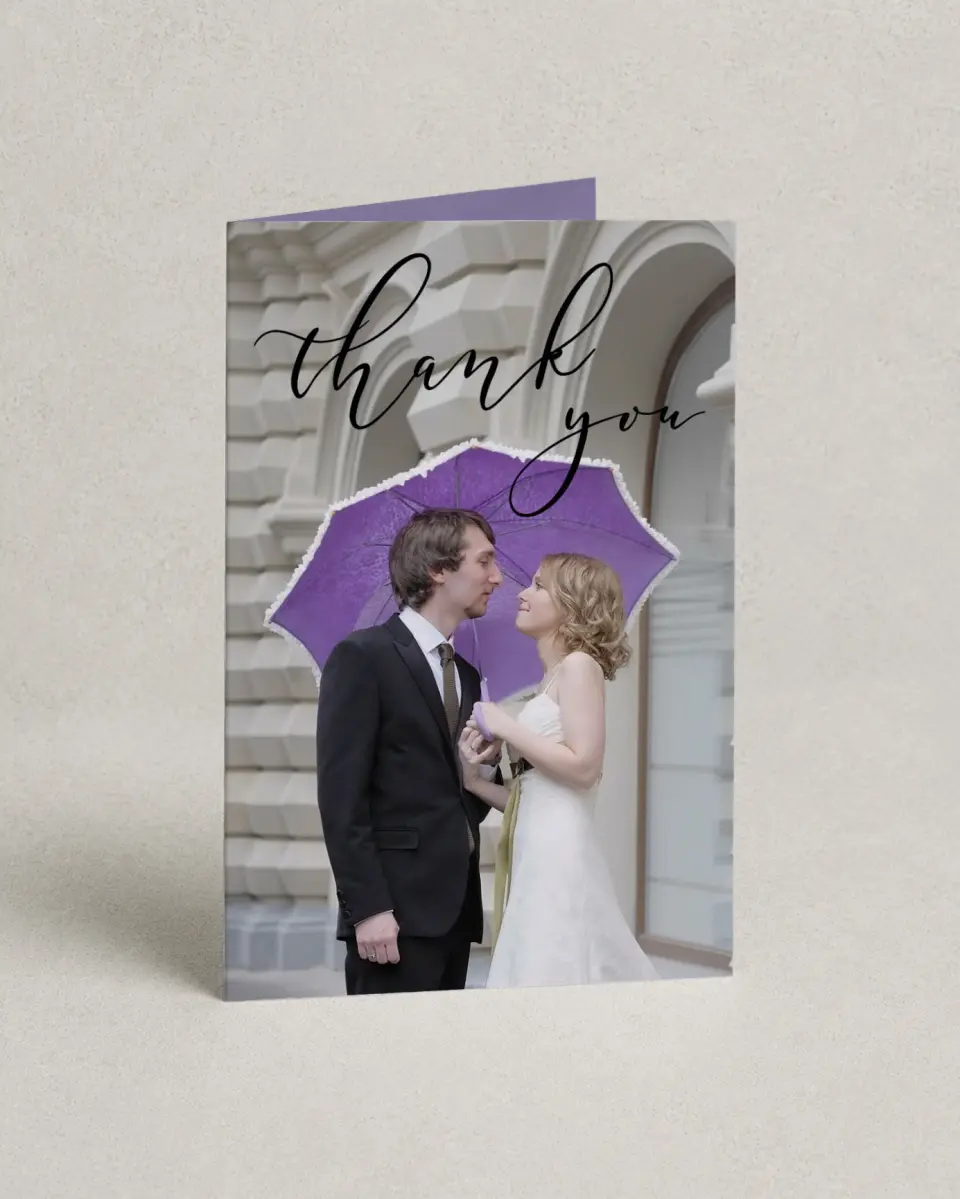 This is a 4" x 6" Folded Thank You Card called Luminous Ombre printed in full color with Silver foil on Luxe Satin (coated) paper