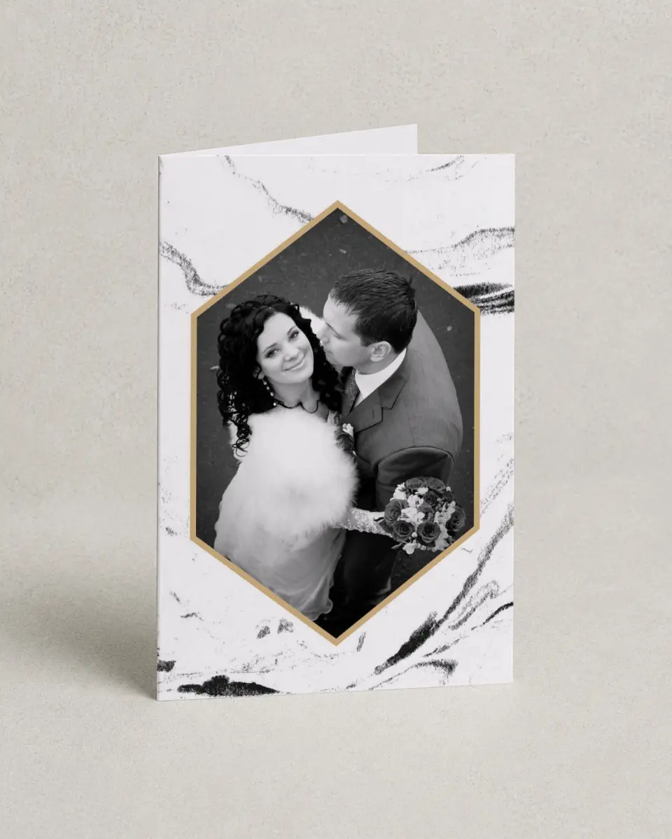 This is a 4" x 6" Folded Thank You Card called Elegant Marble printed in full color with Silver foil on Luxe Satin (coated) paper