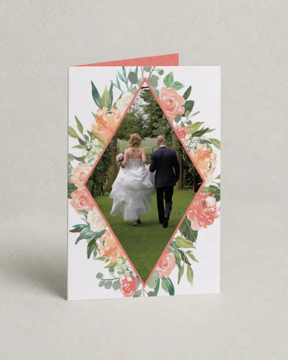 This is a 4" x 6" Folded Thank You Card called Diamond Garden printed in full color with Silver foil on Luxe Satin (coated) paper