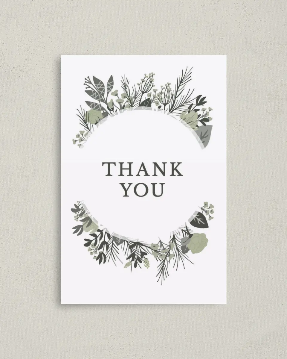 This is a 4" x 6" Folded Thank You Card called Greenery Crown printed in full color on Premium Smooth paper