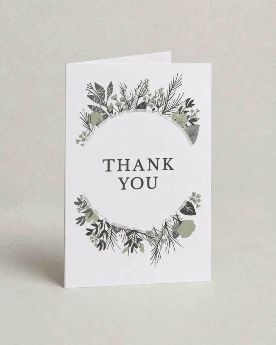 This is a 4" x 6" Folded Thank You Card called Greenery Crown printed in full color on Premium Smooth paper