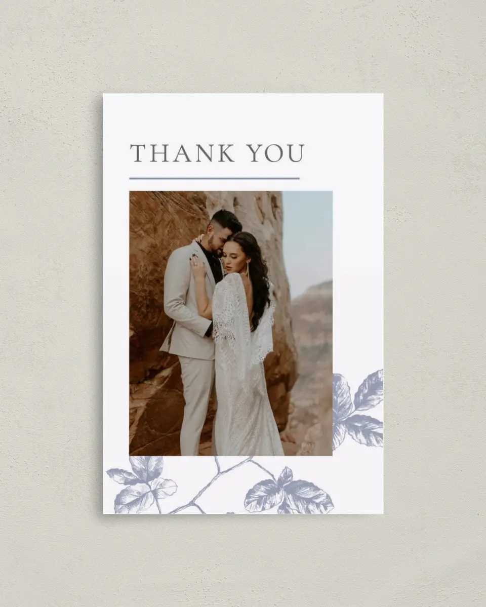 This is a 4" x 6" Folded Thank You Card called Leafy Elegance printed in full color on Premium Smooth paper