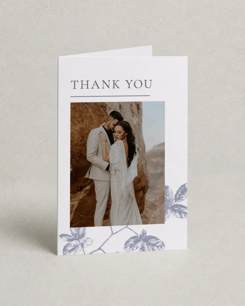 This is a 4" x 6" Folded Thank You Card called Leafy Elegance printed in full color on Premium Smooth paper