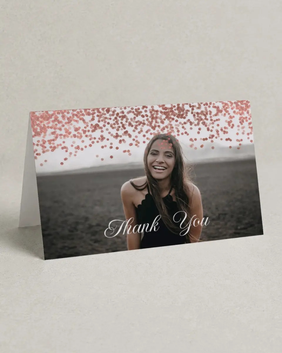 This is a 4" x 6" Folded Quinceanera Thank You Card called Bronze Beauty printed in full color on Premium Smooth paper