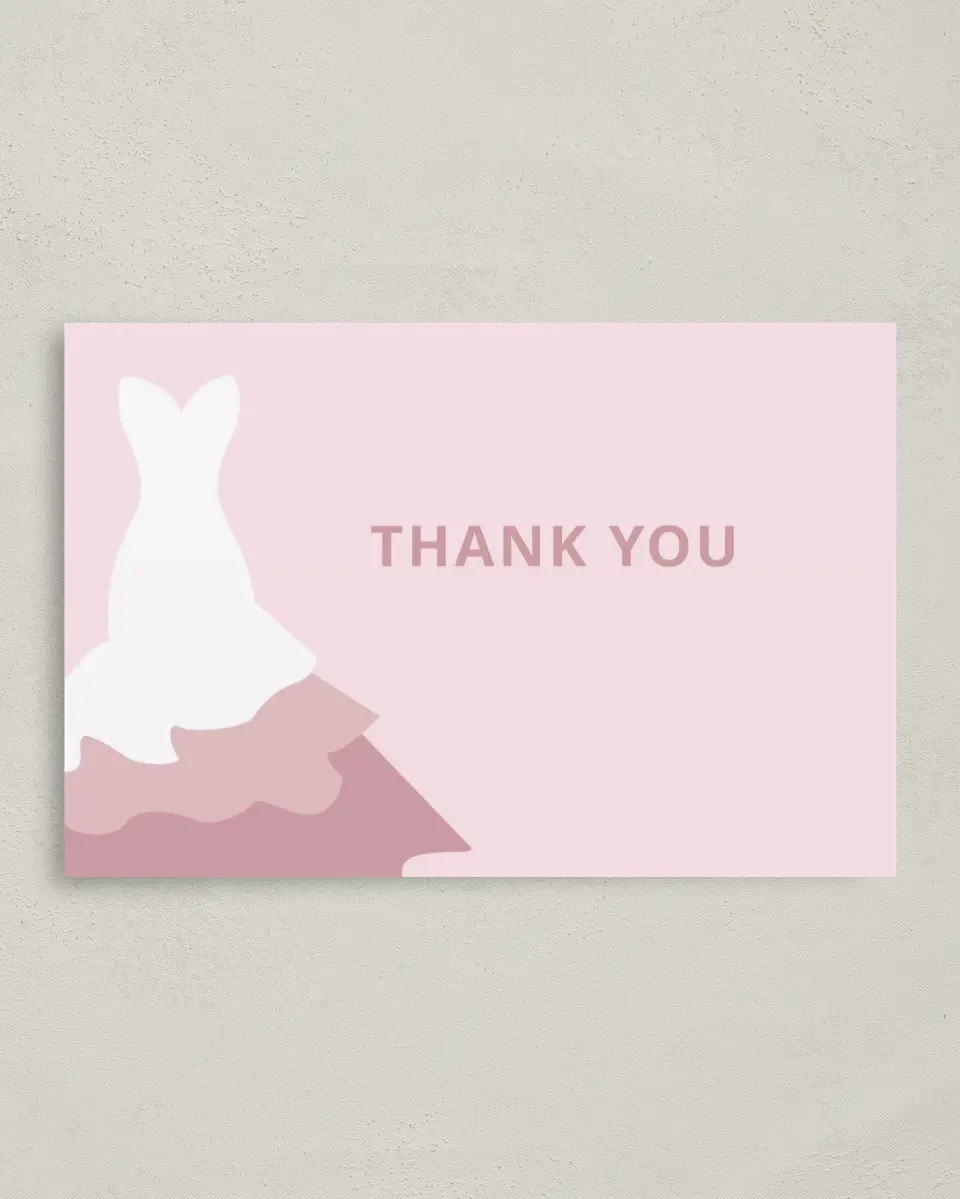 This is a 4" x 6" Folded Quinceanera Thank You Card called Gown Glam printed in full color on Premium Smooth paper