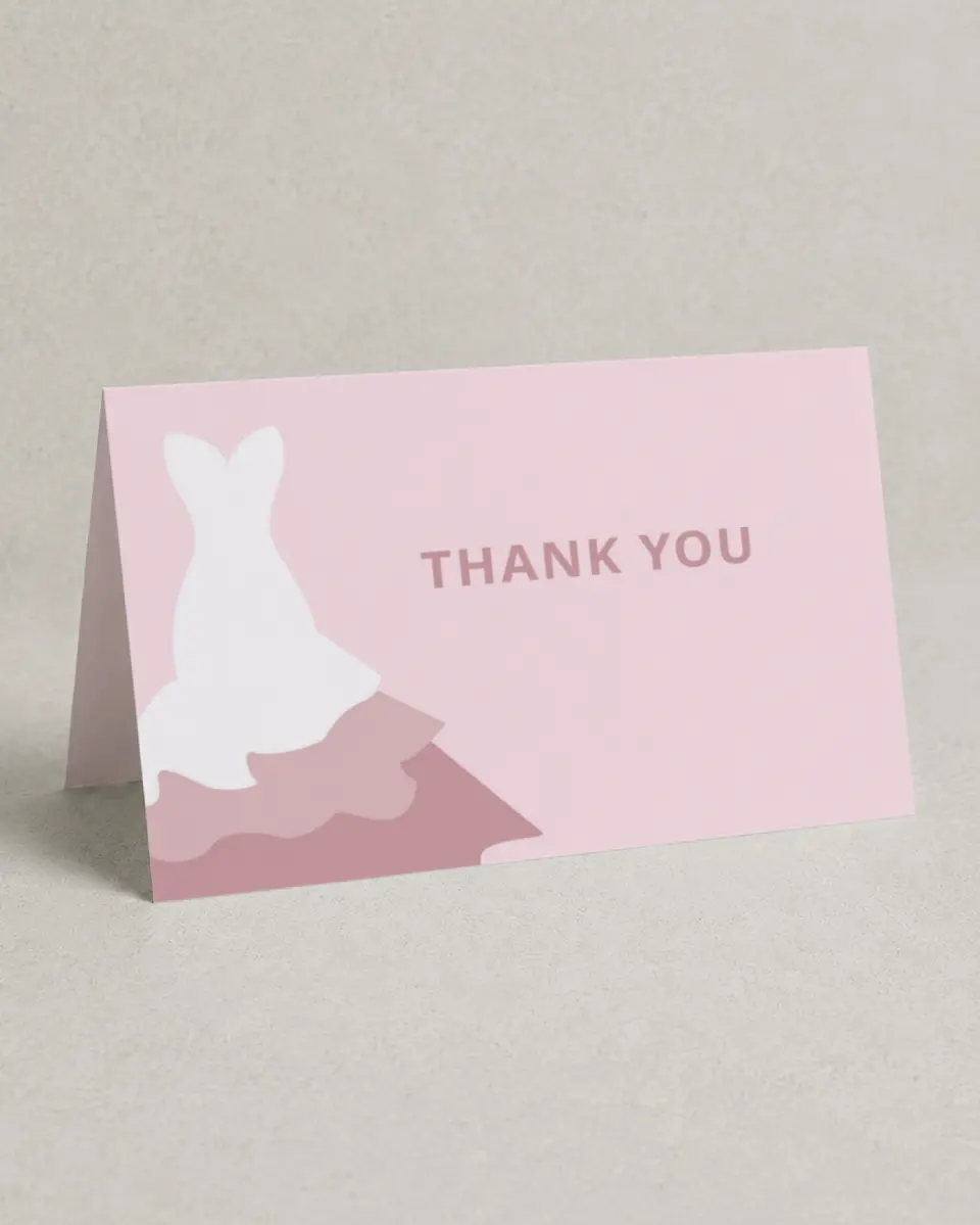 This is a 4" x 6" Folded Quinceanera Thank You Card called Gown Glam printed in full color on Premium Smooth paper