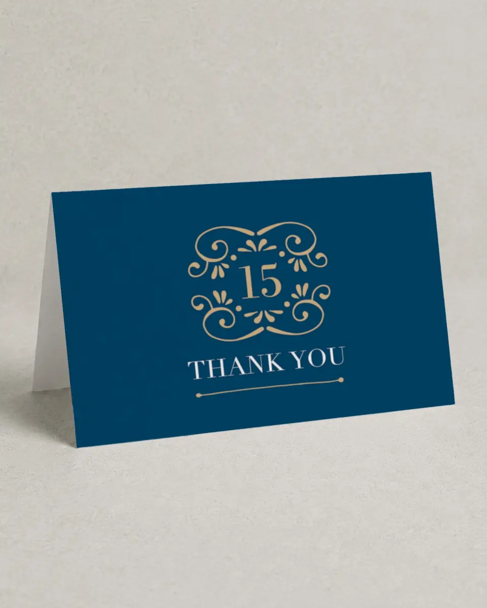 This is a 4" x 6" Folded Quinceanera Thank You Card called Sparkling Dream printed in full color on Premium Smooth paper