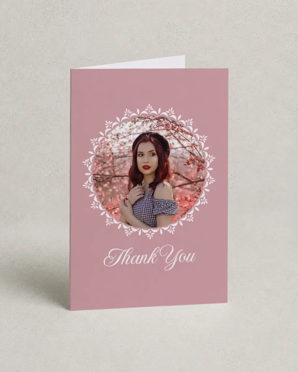 This is a 4" x 6" Folded Quinceanera Thank You Card called Center of Attention printed in full color on Premium Smooth paper