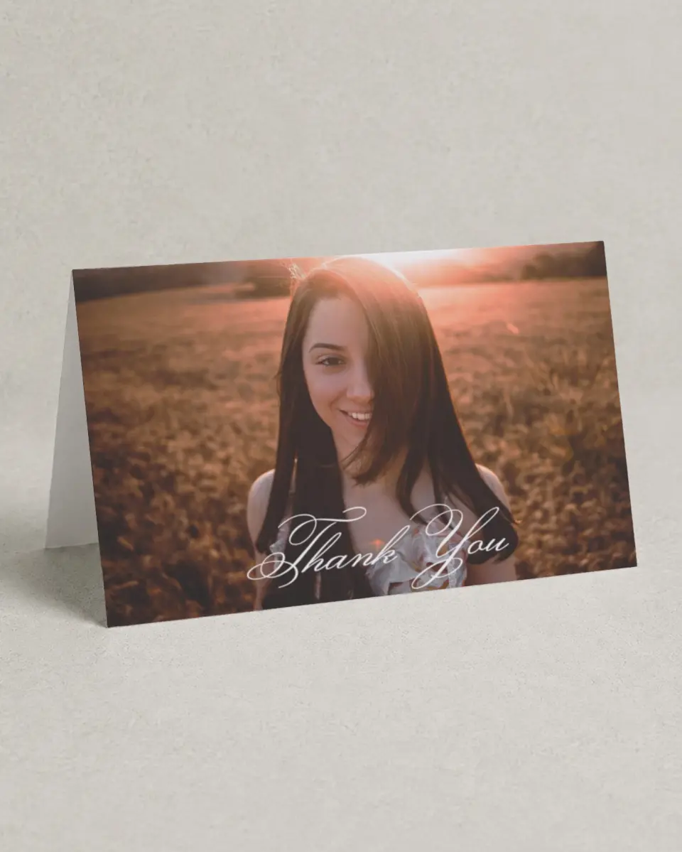 This is a 4" x 6" Folded Quinceanera Thank You Card called Blissful Bouquet printed in full color on Premium Smooth paper