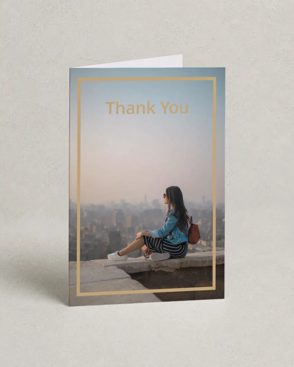 This is a 4" x 6" Folded Quinceanera Thank You Card called Daringly Bold printed in full color with Rose Gold foil on Luxe Satin (coated) paper