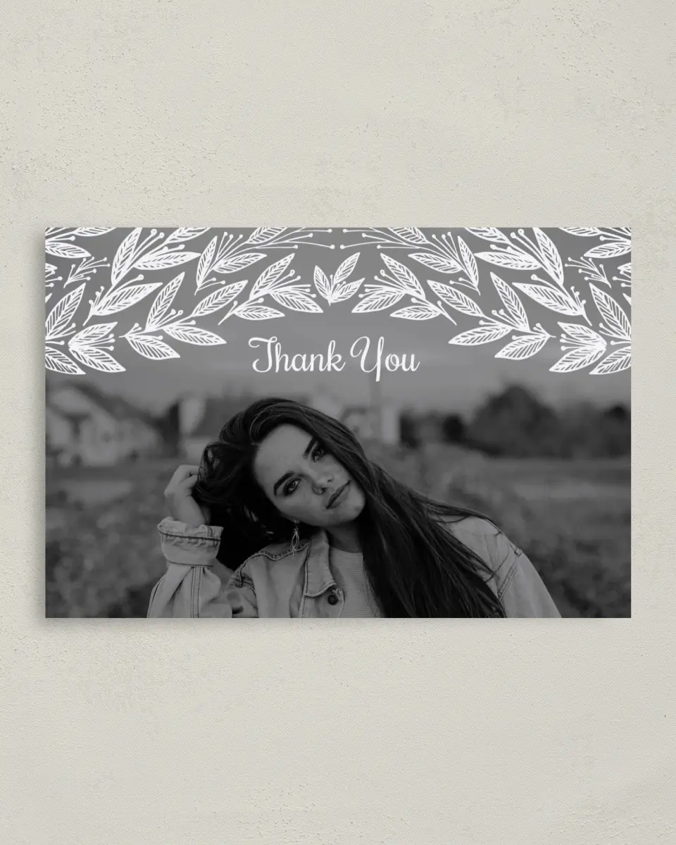This is a 4" x 6" Folded Quinceanera Thank You Card called Splash of Sprigs printed in full color on Premium Smooth paper