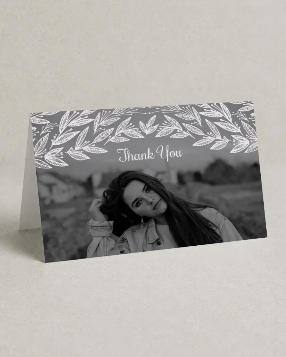 This is a 4" x 6" Folded Quinceanera Thank You Card called Splash of Sprigs printed in full color on Premium Smooth paper