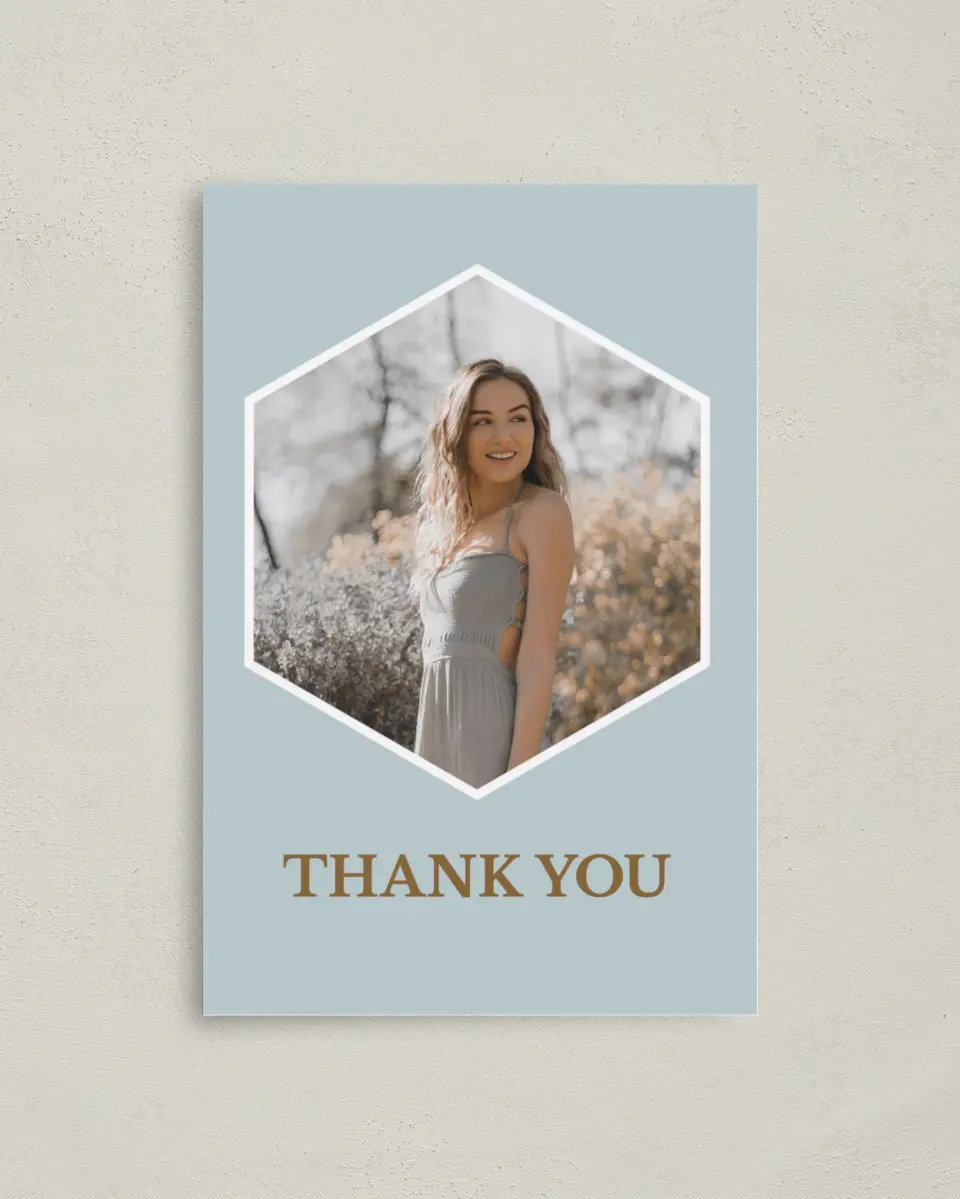 This is a 4" x 6" Folded Quinceanera Thank You Card called Swashed Sophisticate printed in full color on Premium Smooth paper