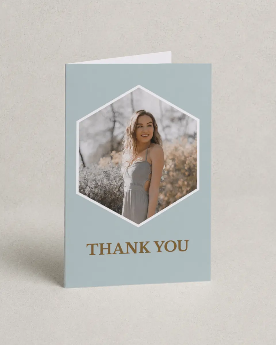 This is a 4" x 6" Folded Quinceanera Thank You Card called Swashed Sophisticate printed in full color on Premium Smooth paper