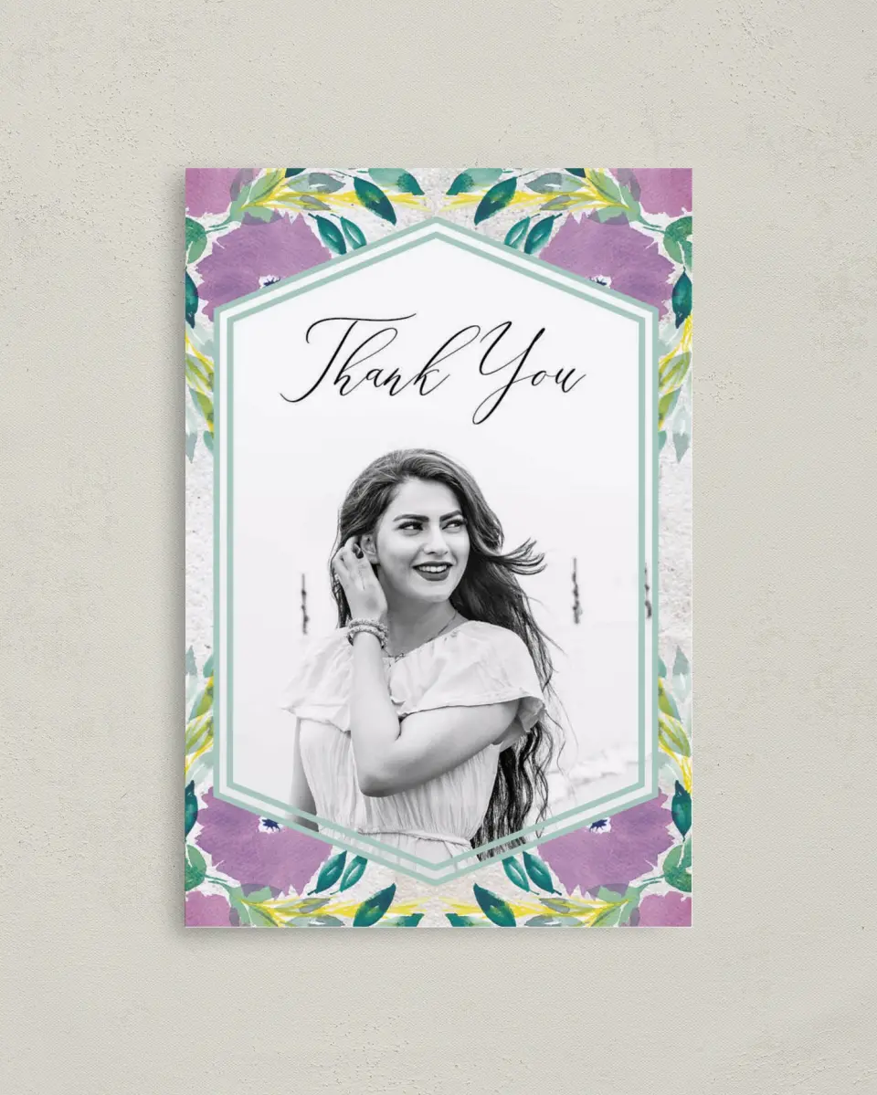This is a 4" x 6" Folded Quinceanera Thank You Card called Watercolor Wow printed in full color on Premium Smooth paper