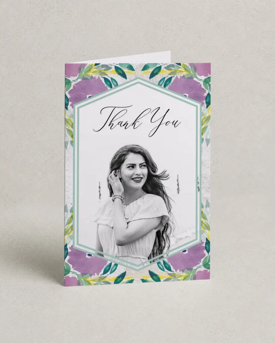 This is a 4" x 6" Folded Quinceanera Thank You Card called Watercolor Wow printed in full color with Gold foil on Luxe Satin (coated) paper