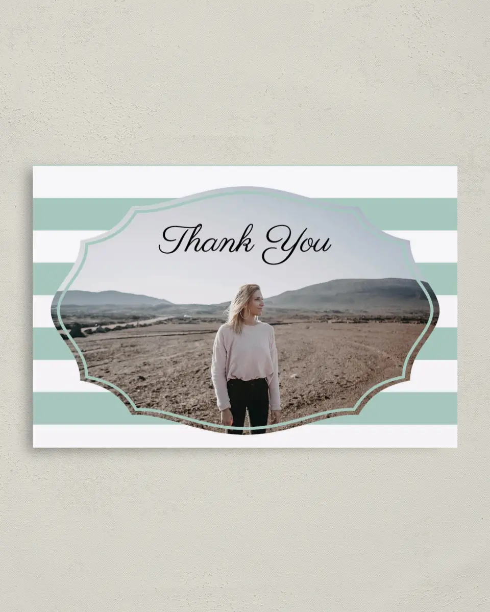 This is a 4" x 6" Folded Quinceanera Thank You Card called Stripe Devotion printed in full color on Premium Smooth paper