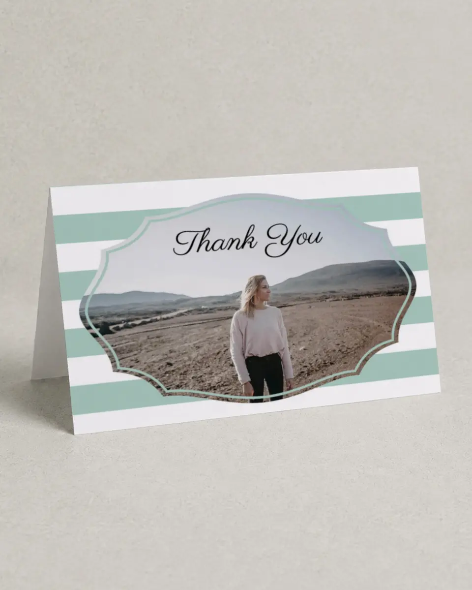 This is a 4" x 6" Folded Quinceanera Thank You Card called Stripe Devotion printed in full color on Premium Smooth paper