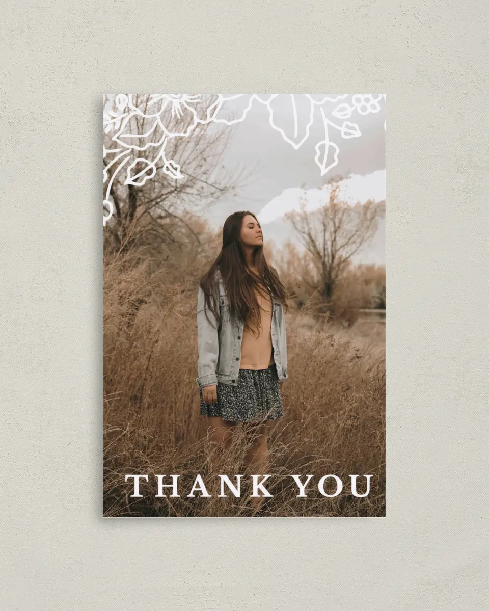 This is a 4" x 6" Folded Quinceanera Thank You Card called Etched printed in full color on Premium Smooth paper